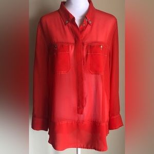 SANCTUARY CLOTHING SHEER BUTTON FRONT TOP, ORANGE/PAPRIKA SIZE US MED